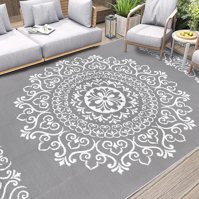 Pauwer Outdoor Rug 9x12, Waterproof Plastic Straw Camping Rug, Floral Grey | Reversible Patio Rug, UV Resistant Indoor Outdoor RV Mat Carpet For Deck, Camper, Porch, Balcony, Backyard, Picnic, Foldable