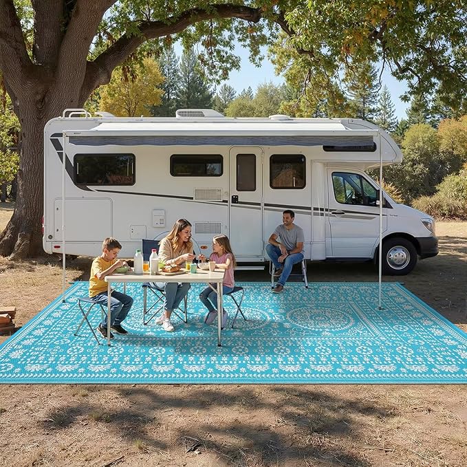 Garvee Reversible Outdoor Rug 9x12 for Patio, Waterproof Outdoor Area Rug, Modern Medallion Indoor Outdoor Rugs, Plastic Straw Rug for RV, Camping, Deck, Vintage Blue
