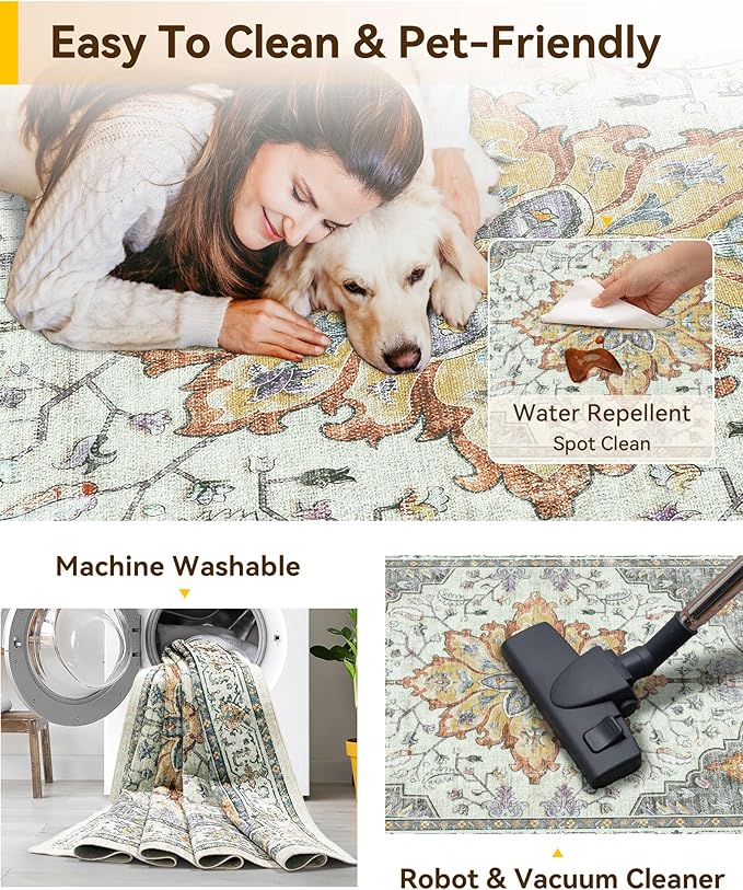 Area Rugs 2'x8' Runner Rug Non Slip Washable for Kitchen Hallway Bedroom Beside Laundry Room Bathroom Rug, Floor Carpet, Light Yellow Carbon Grey Orange