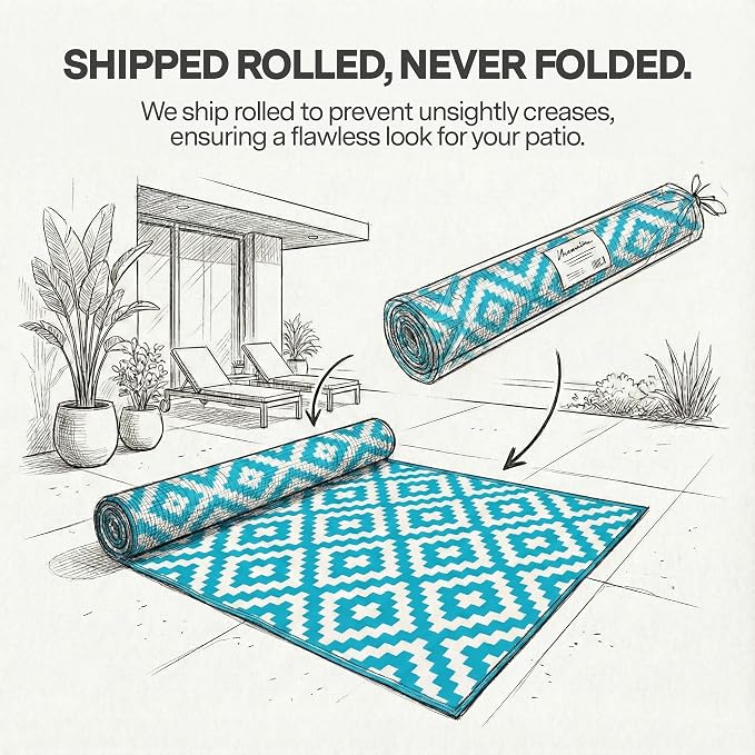 FH Home Outdoor Rug - Waterproof, Fade Resistant, Reversible - Premium Recycled Plastic - Geometric - Patio, Deck, Porch, Balcony, Laundry Room - Aztec - Teal & White Crease Free - 4 x 6 ft
