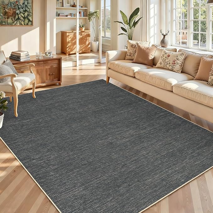 GarveeHome Washable Bedroom 4x6 Rug Modern Solid Easy Jute Area Rugs | Non Slip Stain Resistant Living Room Throw Carpet Low Pile Easy Jute Rugs for Kitchen Nursery Entryway Dorm Kids Room, Grey