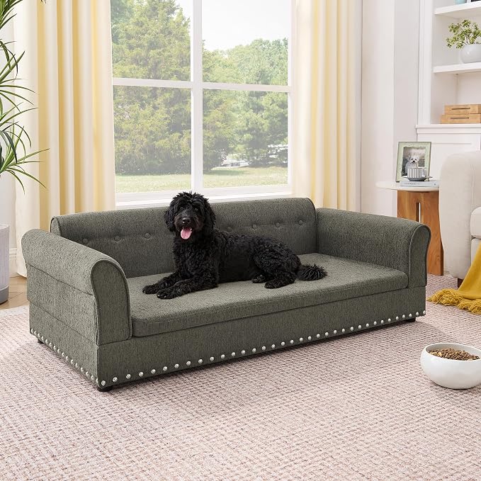 Elevated Dog Sofa for Medium to Large Dogs, Button Tufted Dog Couch Bed with Backrest and Armrests, Durable Memory Foam Pet Bed, Removable Cushion for Medium and Large Dogs, Dark Grey