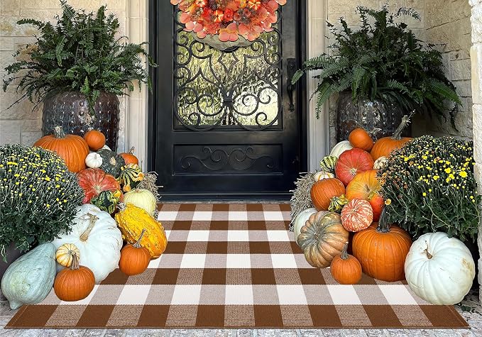Fall Outdoor Rug 3'x5',Halloween Front Porch Rug Cotton Woven Washable Farmhouse Checkered Area Rug,Layering Rug for Hello/Welcome Door Mat Front Porch Decor