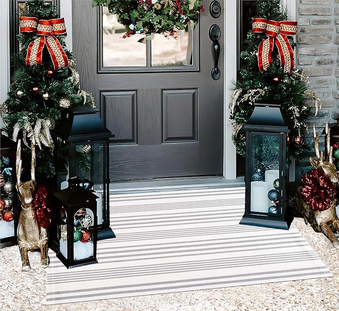Grey and White Striped Outdoor Rug 24'' x 35'' Door Mat Outdoor Machine Washable Welcome Mats Cotton Hand-Woven Entryway Rug for Front Porch/Entryway/Laundry/Bathroom/Bedroom
