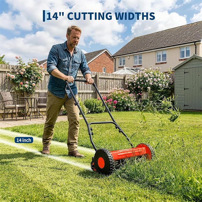 GarveeHome 14-Inch, 5-Blade Quiet Eco-Friendly Hand Push Reel Lawn Mower | Adjustable Cutting Height, Lightweight & Compact, Easy Assembly, Ideal for Small to Medium Yards – Red