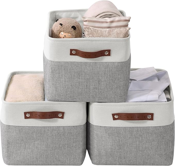 DECOMOMO Storage Bins, Extra Large Fabric Storage Baskets for Shelves 3Pack | 15.8 x 12.5 x 10 inches Decorative Linen Closet Organizers (Grey & White)