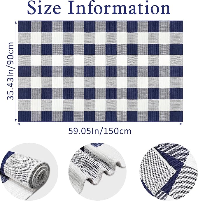 Buffalo Plaid Rug 3x5 Cotton Woven Buffalo Check Rug Navy and White Checkered Outdoor Rug Washable Indoor Outdoor Area Rug Layered Front Door Mats Carpet for Farmhouse Entryway Living Room Bedroom
