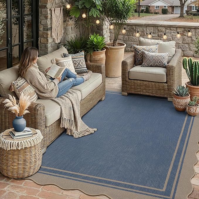 5x7 Scalloped Rug Easy Jute Washable Outdoor Patio Rug for Living Room Indoor Outdoor Blue Geometric Neutral Carpet for Backyard Patio Dining Room