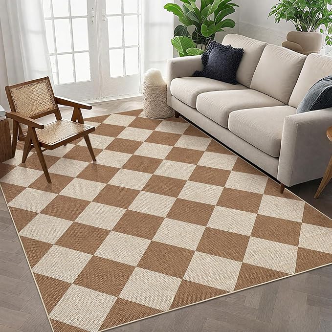 COZYLOOM Outdoor Rug for Patio 9x12 Washable Rugs for Living Room, Modern Diamond Pattern Easy Jute Rug with Non Slip Backing, Stain Resistant Geometric Carpet for Bedroom Dining Room Backyard, Coffee