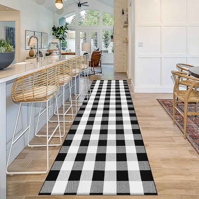Buffalo Plaid Runner Rug 3x10 Feet Black and White Checkered Runner Rug Cotton Woven Farmhouse Floor Mat Washable Rugs for Hallway Kitchen Laundry Bedroom Living Room