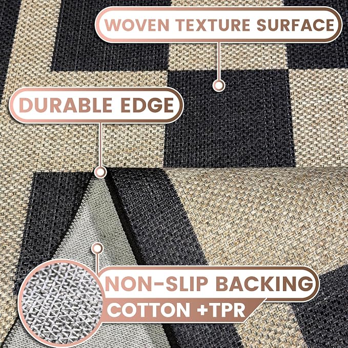 Washable Checkered Easy Jute Rug, 8x10 Black Checkerboard Boho Geometric Outdoor Indoor Patio Large Area Rug, Low Pile Lightweight Non Slip Carpet Mat for Living Dining Room Bedroom Classroom Backyard