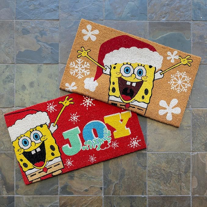 Gertmenian Spongebob Squarepants Coir Doormat - 2x3 Welcome Mat (2-Pack), Ideal for High Traffic Areas in Front Door, Garage, Entryway - Spongebob Santa/Ho Ho Ho, 80011
