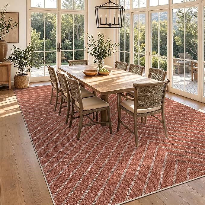 Garvee Easy Jute Striped Outdoor Rug 8x10, Terracotta Washable Indoor Outdoor Area Rug for Patio, Porch, Deck, Dining Room, Living Room, Non Slip Farmhouse Low Pile Non Shedding Floor Carpet 8'x10'