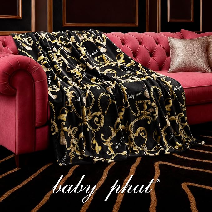 Baby Phat Oversized Plush Throw Blanket 60" x 70", Gold Chains