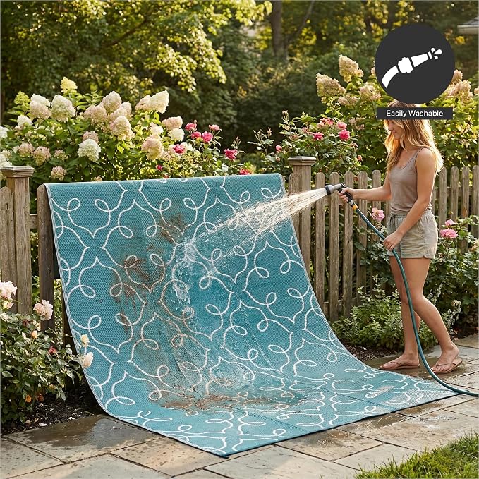 FH Home Outdoor Camping Rug - Waterproof, Fade Resistant, Reversible - Premium Recycled Plastic - Moroccan Lattice Tile - Large Patio, Deck, Sunroom, RV - Syracuse - Sea Green - 9 x 12 ft Foldable