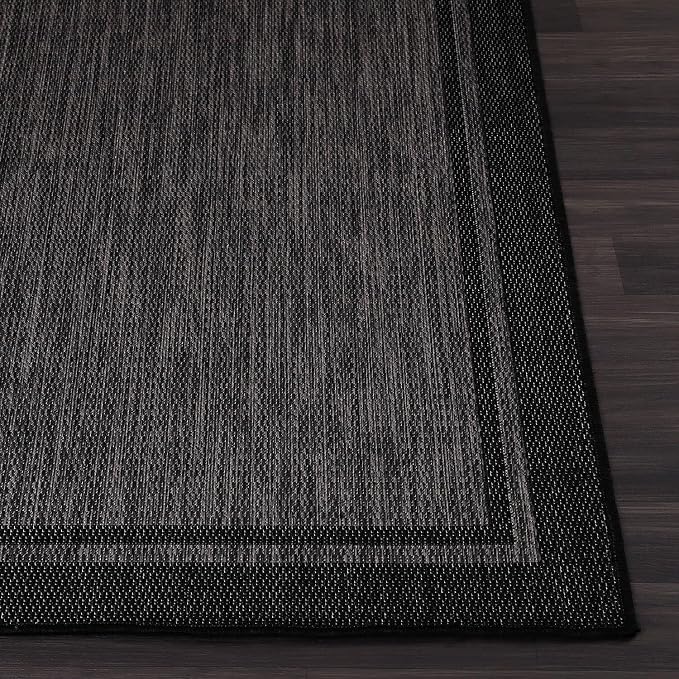 CAMILSON Indoor Outdoor Rug, 5x7 Bordered Dark Grey Black Modern Area Rugs for Indoor and Outdoor Patios, Kitchen and Hallway Mats, Washable Porch Deck Outside Carpet (Bordered Black, 5 x 7)