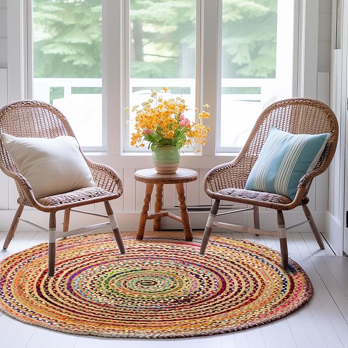 COTTON CRAFT Jute Cotton Chindi Braid Rag Rug - Boho Farmhouse Rustic - Handwoven Reversible Natural Jute and Recycled Cotton Throw Area Rug Carpet - Home Décor - 3 Feet Round Multi Color