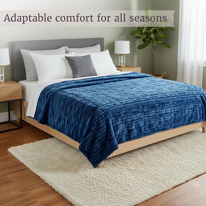 Lavish Home Oversized Ruched Faux Fur Blanket, Blue, 60” x 80” | Plush Polyester Faux Fur Queen-Size Throw for Sofas and Beds - Luxurious Bedding