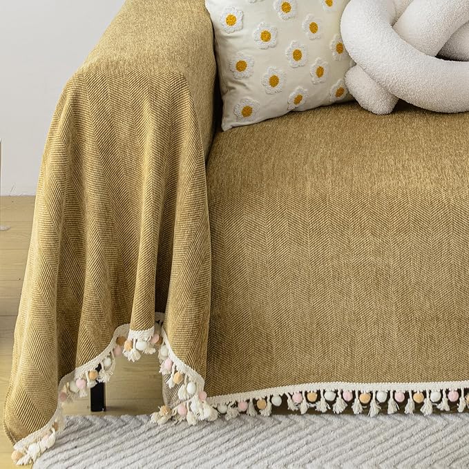 HANDONTIME Couch Covers for Pets Boho Mustard Yellow Love Seat Couch Covers Brown Sofa Cover for Dogs Pet Couch Protector Chenille Tassel Sofa Slipcovers Sofa Throw Cover Boho Decor, 91" X134"