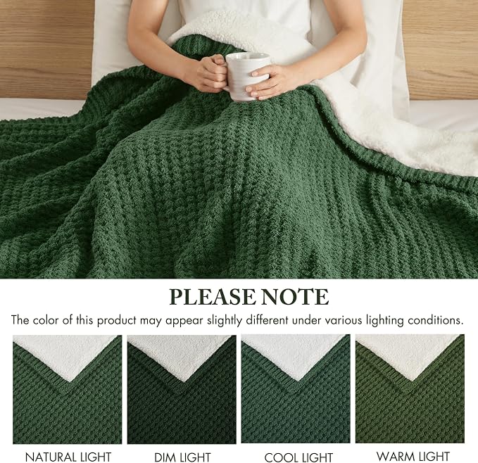 Madison Park Rowan Sherpa Throw Blanket Waffle Weave, 50 x 60, Green | Cozy Warmth for Sofa or Bed, Reversible, Lightweight, Farmhouse, OEKO-TEX Certified
