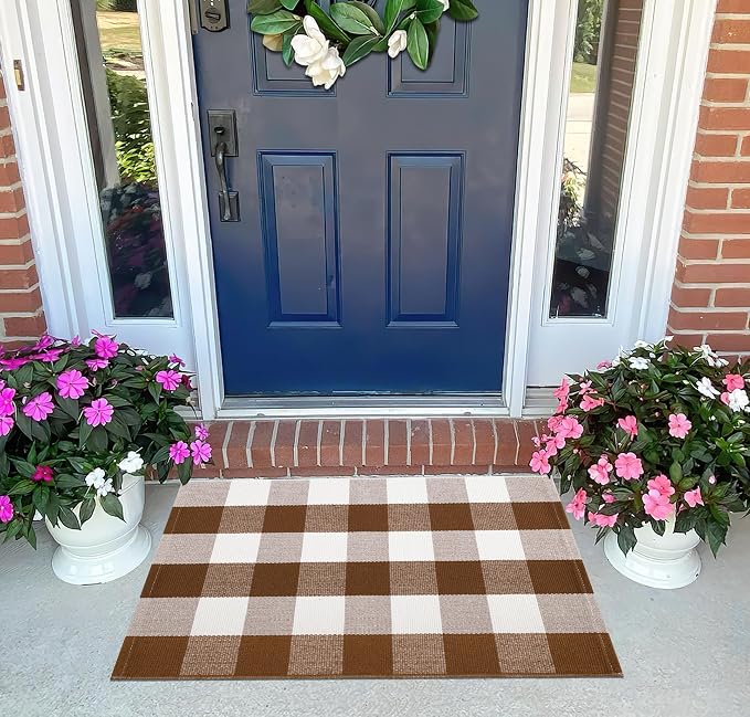Fall Outdoor Rug 2'x3',Coffee and White Checkered Area Rug Halloween Cotton Washable Layered Doormat for Hello Welcome Front Porch Door Mats Bedroom Living Room