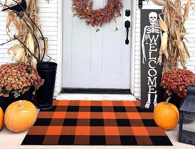 Cotton Buffalo Plaid Outdoor Rug 2x3ft Orange and Black Layered Doormat,Halloween Front Door Mat Outdoor,Farmhoue Woven Washable Checkered Rug for Porch, Entryway, Farmhouse, Autumn, Halloween