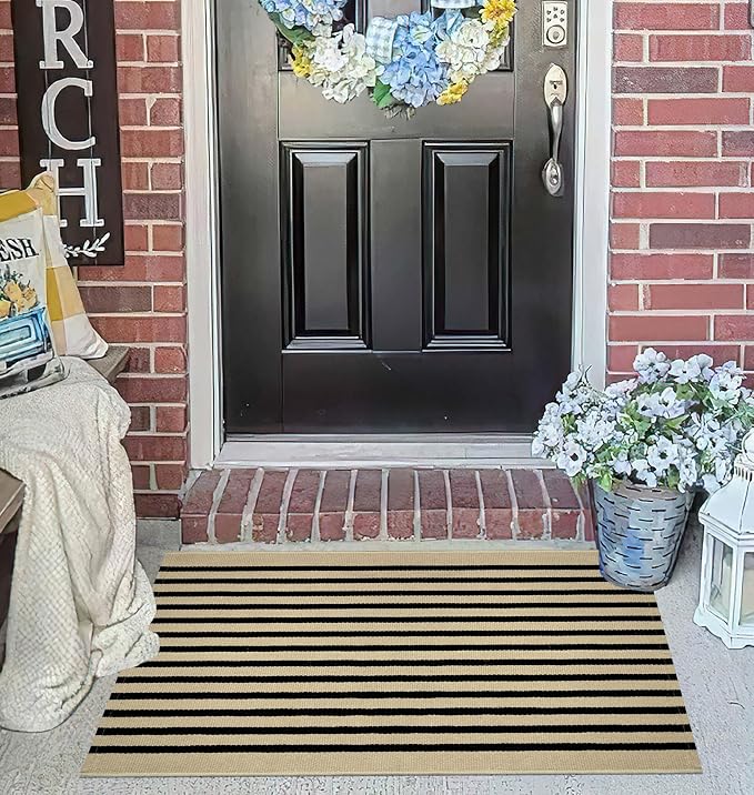 Front Door Mat Outdoor 2'x3',Black and Khaki Striped Outdoor Rug Washable Cotton Layered Door Mat Entryway Throw Rug for Indoor Entrance