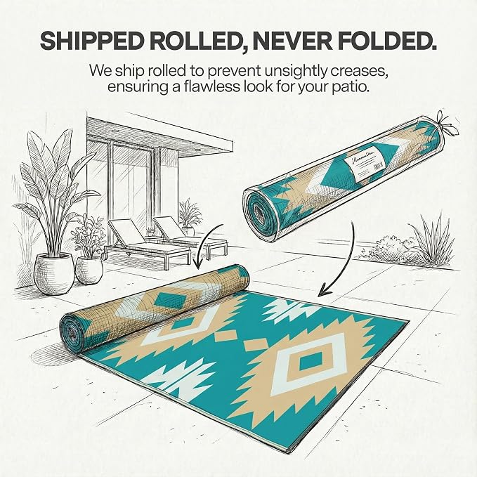 FH Home Outdoor Rug - Waterproof, Fade Resistant, Reversible - Premium Recycled Plastic - Geometric - Patio, Deck, Porch, Balcony - Bursa Kilim - Teal Crease Free - 5 x 8 ft