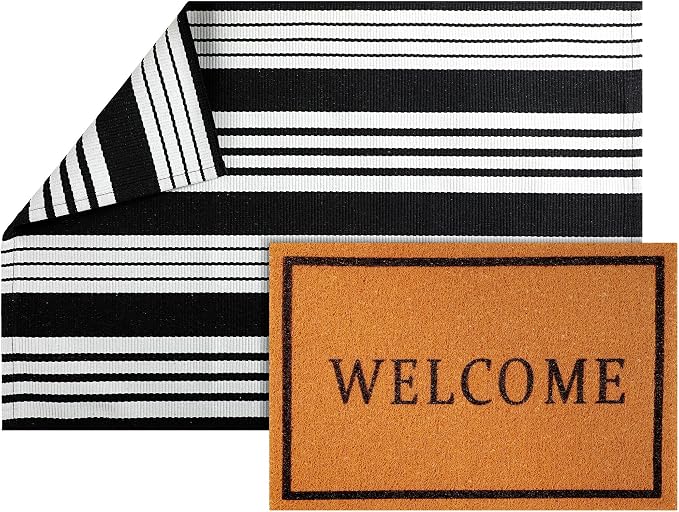 2 Pcs Outdoor Door Mat Combo Set Layered Outdoor Rug and Coir Welcome Doormat Non Slip Outside Floor Mat for Front Porch Entryway Patio Yard Decor(Welcome,24'' X 35'',24'' X 16'')