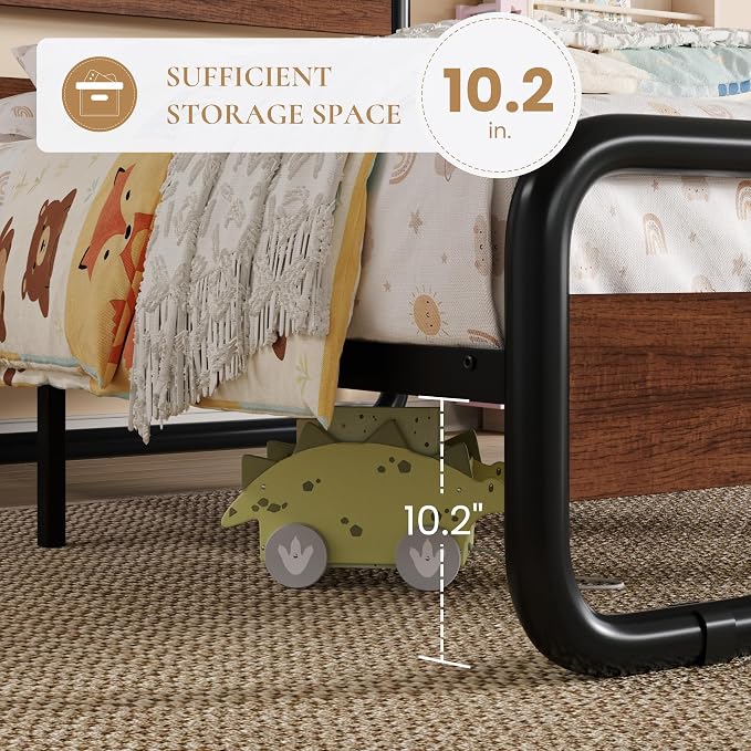 SHA CERLIN Twin Size Metal Bed Frame with Wooden Headboard and Footboard, Heavy Duty Oval-Shaped Platform Bed Frame with 10" Under-Bed Storage, Heavy Duty Slats Support, No Box Spring Needed, Walnut