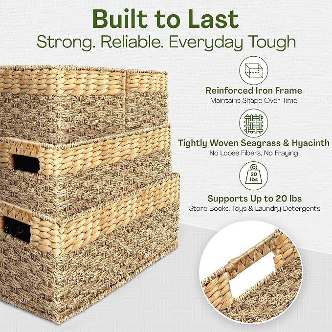 Wicker Storage Basket for Shelves, Set of 4 | Natural Seagrass and Hyacinth, Nesting, Woven Storage Baskets for Organizing Living Room, Shelves, Pantry, Rectangle, Rattan