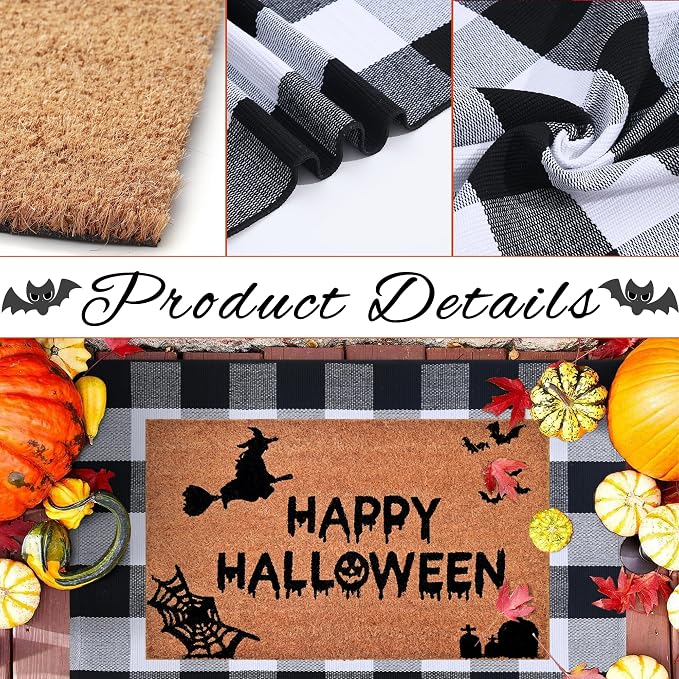 Homydecor Halloween Decor Doormat Combo Set, 100 Percent Coco Coir Welcome Mat + 28X43 Inches Black and White Plaid Rug - Halloween Front Porch Entryway Decor Floor Mat, Outdoor Mats Happy Halloween