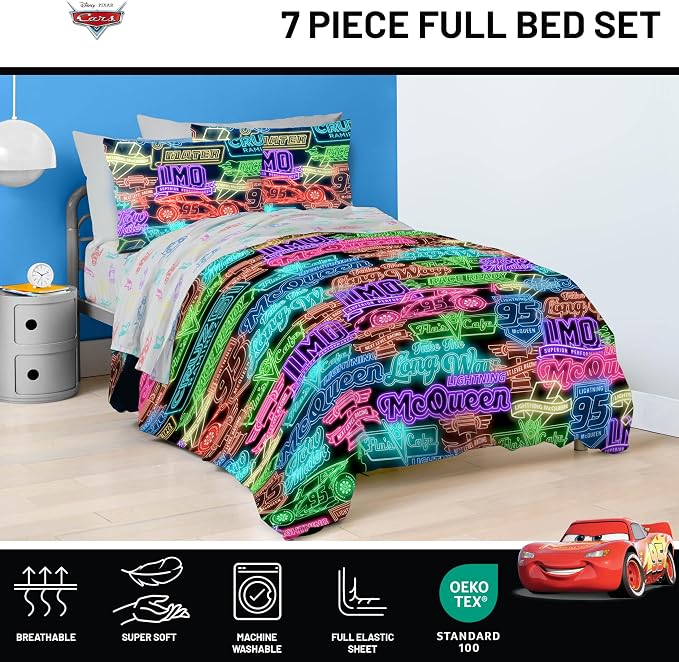 Disney Pixar Cars McQueen Full Size Comforter Set 7 Piece Bedding, Black | Racecar, Kids Bed in a Bag, Comforter Sheets Shams Pillowcases, Official Product, Microfiber, Machine Washable, Boys Gift