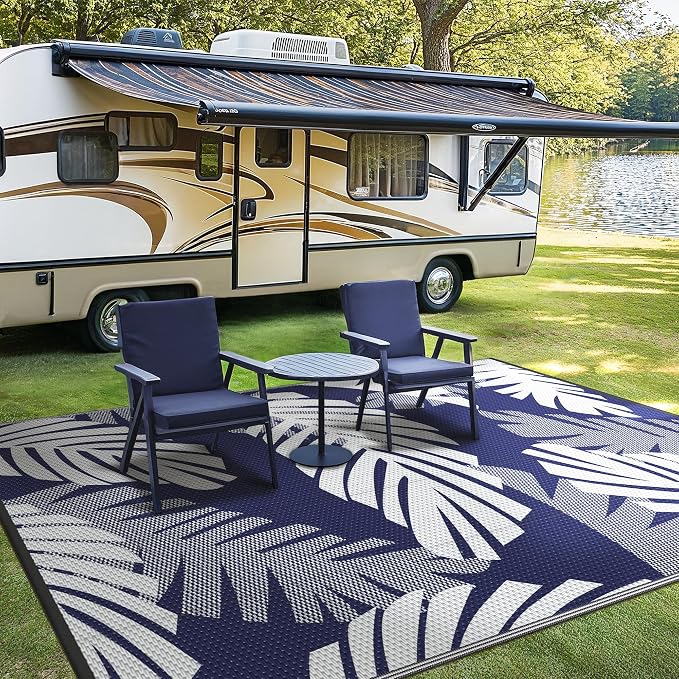 GENIMO Outdoor Rug, Waterproof Plastic Rugs for Patio, 6'x9' Blue White | Outside Larger Leaf Carpet Mat for Porch Decor, Deck, Balcony, Camping, RV, Backyard, Picnic, Beach, Reversible, Foldable