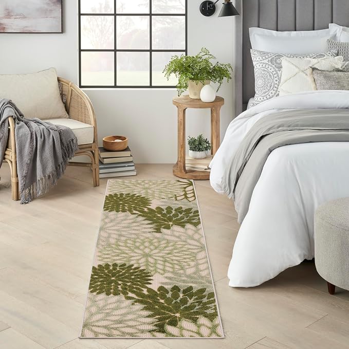 Nourison Home Aloha 8' Runner Ivory Green Fabric Tropical Area Rug (8' Runner)