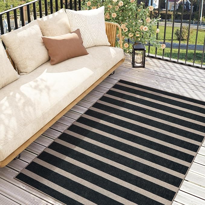 Lahome Striped Easy Jute 3x5 Outdoor Patio Rug, Washable Rugs for Porch | Entryway Indoor Living Room Black Area Rug, Geometric Modern Farmhouse Neutral Door Mat, Non Slip Carpet for Backyard
