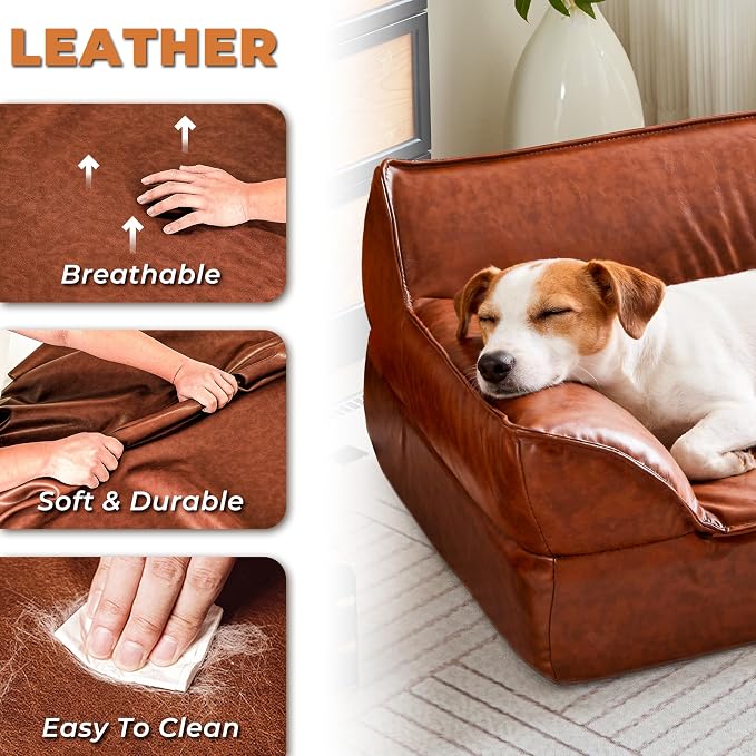 Dog Couch Bed Leather Cat Sofa for Small and Medium Pets Under 50 lbs, Brown Mid Century Modern Elevated Dog Sofa Chair Luxurious Indoor Furniture Style Pet Supplies for Puppy