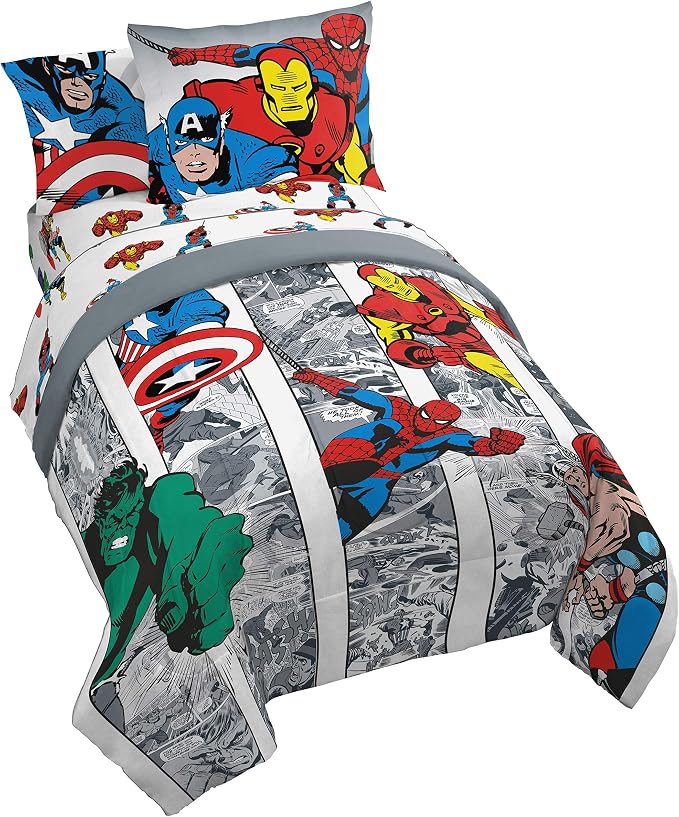 Marvel Comics Avengers Full Size Comforter Set 7 Piece Kids Bedding, Multi | Spiderman Hulk Captain America, Comforter Sheets Shams Pillowcases, Soft Microfiber, Machine Washable, Boys Gift