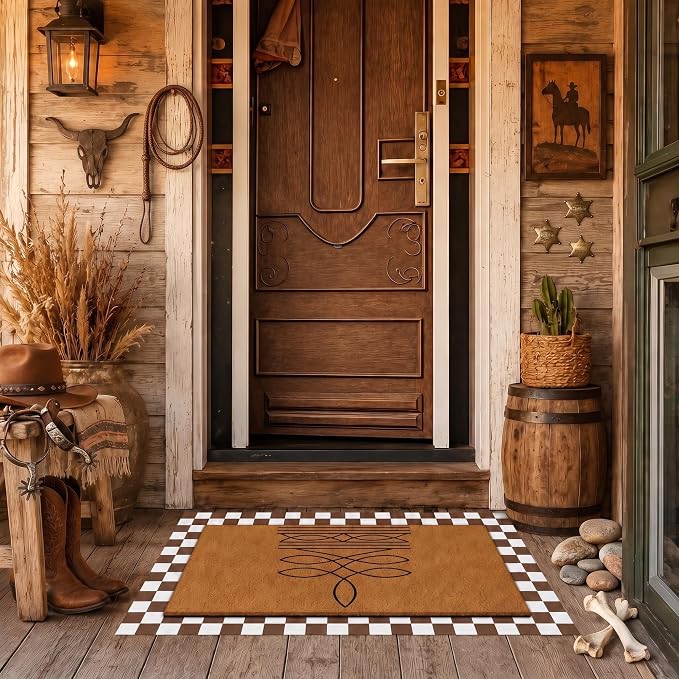 Tinideya 2 Pcs Western Door Mat Cowboy Cowgirl Welcome Non Slip Coir Mats Floor Layering Gift Boot Stitch Doormats Seasonal for Front Porch Entryway Decor