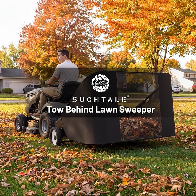 Suchtale 42 Inch Tow Behind Lawn Sweeper with 20 Cu Ft Hopper | 42 Inch Sweeping Path, 20 Cu Ft Hopper, Adjustable Brush Height, Dumping Rope, Steel Frame, Lawn Mower Attachment, Cleanup