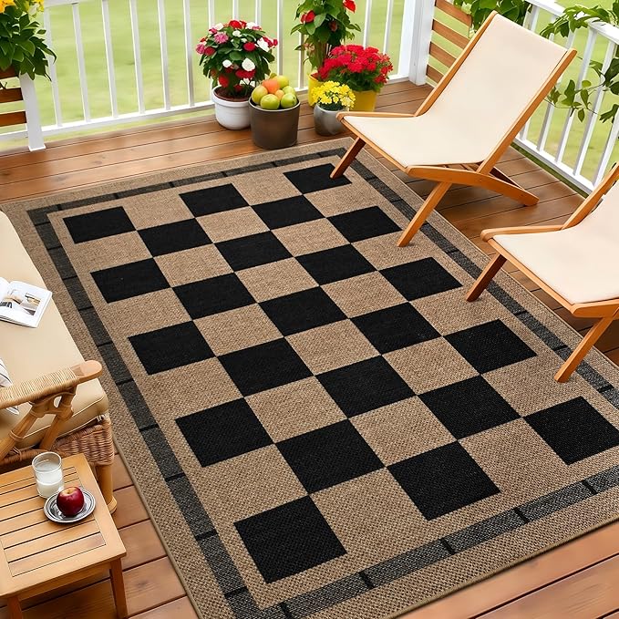 4x6 Outdoor Rug, Jute Checkered Rugs, Patio, Entryway, Balcony Porch Carpet | Washable Indoor Plaid Carpets, Bedroom Kitchen Rug, Non Slip Farmhouse Neutral Laundry Office Floor Mat, Black and Brown