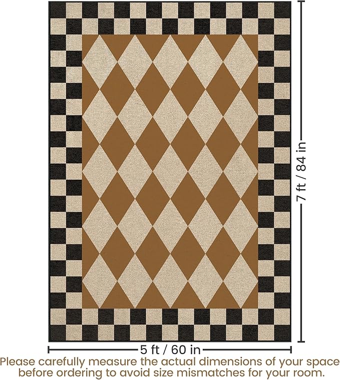 Washable Checkered Easy Jute Rug 5x7, Brown Black Checkerboard Geometric Modern Outdoor Indoor Patio Large Rug, Woven Thin Carpet Mat for Living Dining Play Room Bedroom Classroom Kids Nursery