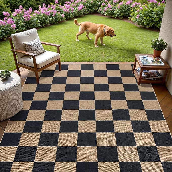EDIMENS Checkered Easy Jute 5x7 Outdoor Rug Washable Living Room Area Rugs | Black Non Slip Outdoor Patio Rug Diamond Indoor Black Farmhouse Geometric Carpet for Backyard Front Porch Balcony