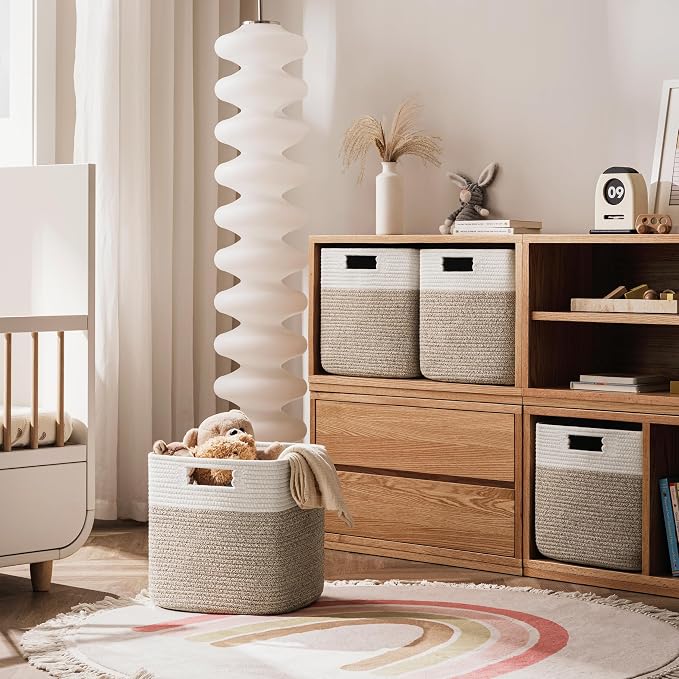 UBBCARE Set of 4 Storage Cubes-11 X 10.5 X 10.5 In, Cotton Rope Basket for Shelves, Toys, Book, Cube Storage Bin with Handles, Woven Storage Basket for Organizing, White/Brown