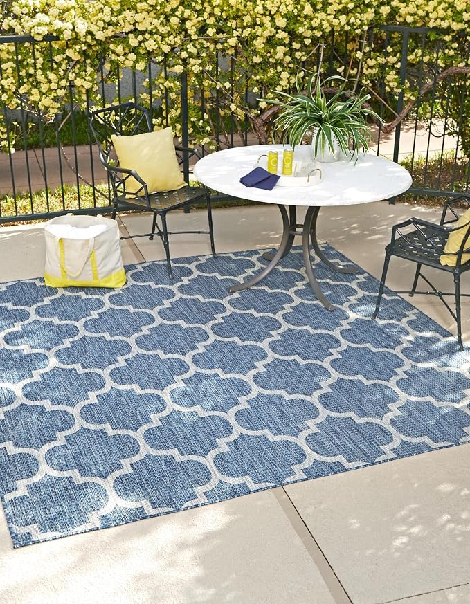 Unique Loom Outdoor Trellis Collection Area Rug (5' Square Navy Blue/Ivory)
