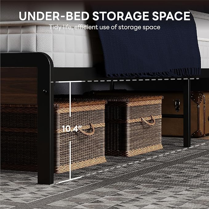 LIKIMIO Queen Bed Frame with 2-Tier Storage Shelf Headboard | Dark Wood Platform Bed, Camas Queen with Strong Metal Supports, Sturdy, Noise-Free, No Box Spring Needed, Dark Walnut