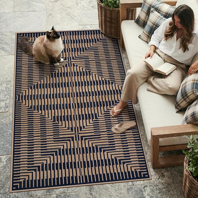 LIVEBOX Jute Look Area Rug 3x5 Indoor Front Door Mat, Washable Outdoor Porch Rugs Non Slip, Boho Geometric Striped Diamond Accent Rug for Entryway (Dark Blue Stripe)