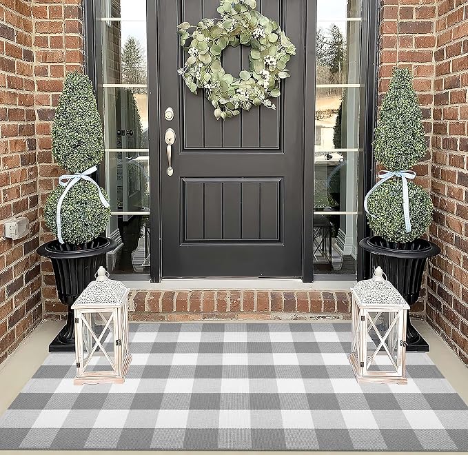 Grey and White Outdoor Rug 3'x5'Buffalo Plaid Checkered Front Porch Rug Machine Washable Farmhouse Front Door Mat Outdoor for Front Hello Welcome Mat,Bedroom,Entryway,Patio