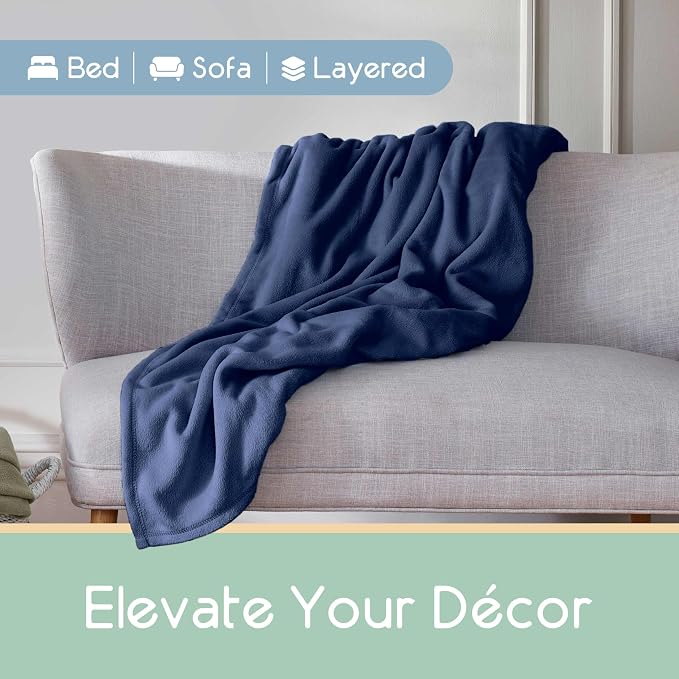 Vellux King Size Microfleece Blanket - All-Season Comfort, Supersoft Lightweight Throw for Bed, Couch, Sofa or Travel, Pet-Friendly, Navy (Pack of 2)