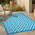FH Home Outdoor Rug - Waterproof, Fade Resistant, Reversible - Premium Recycled Plastic - Geometric - Large Patio, Deck, Sunroom, Camping, RV - Aztec - Teal & White Crease Free - 6 x 9 ft